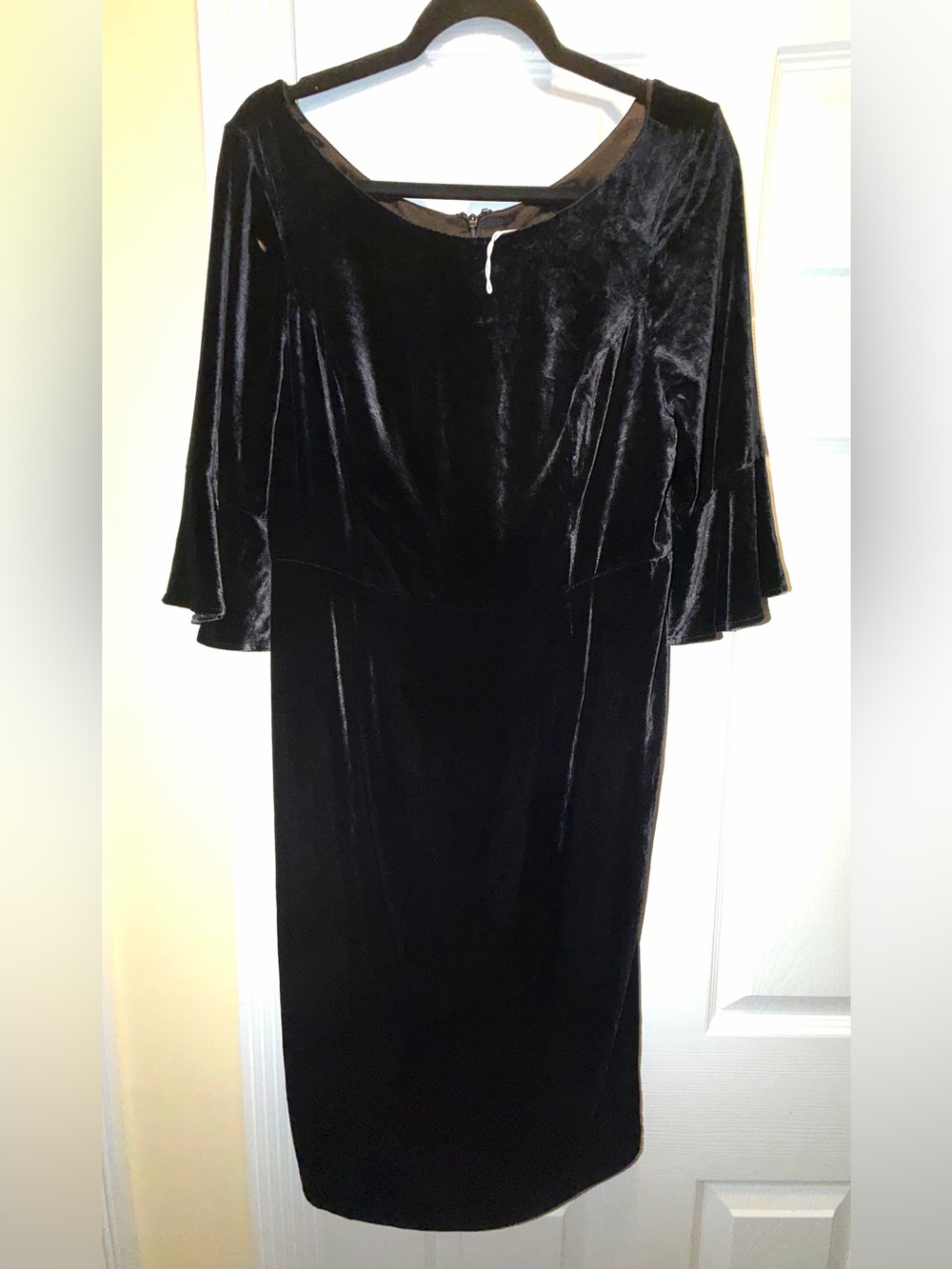 Boden Black Velvet Midi Dress with Fluted Long Sleeves